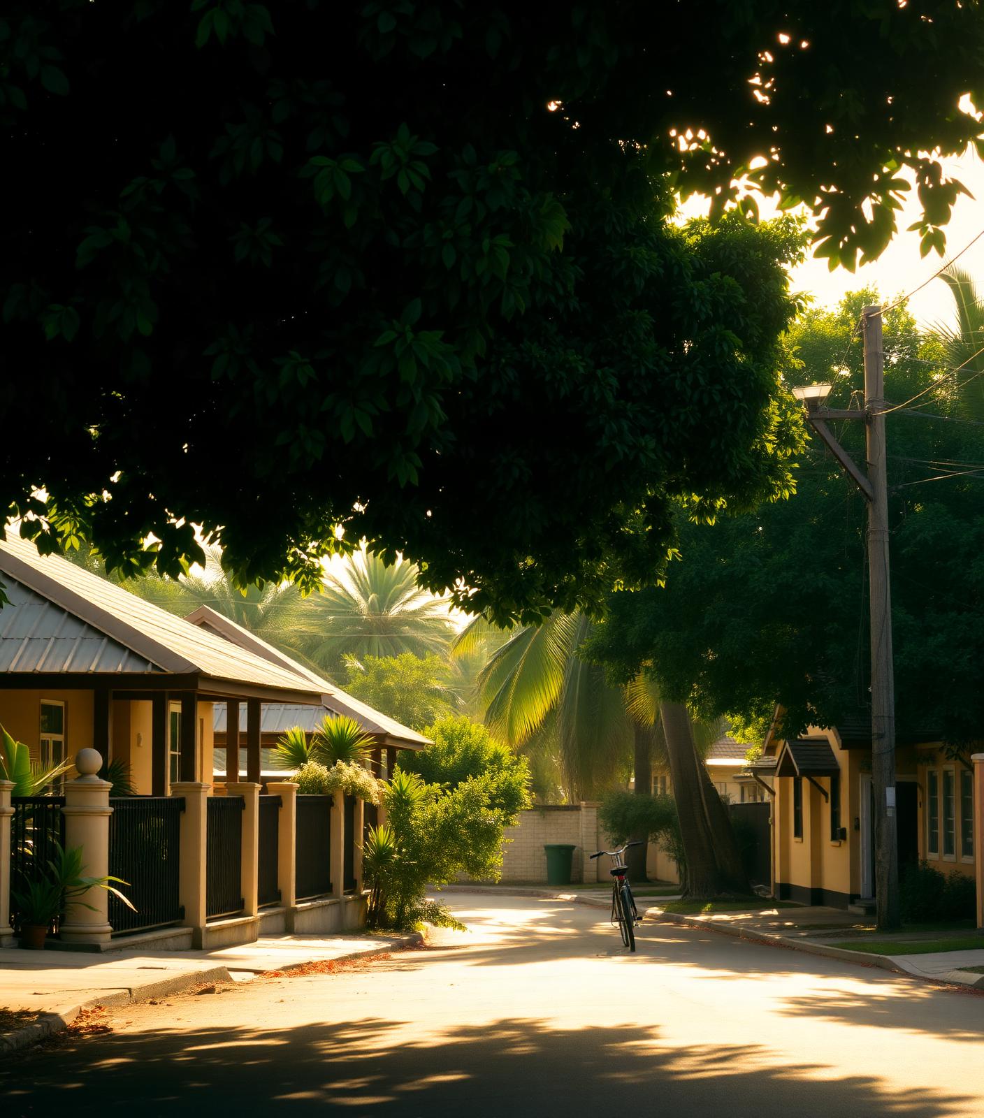 A quiet residential street in Mauritius at golden hour