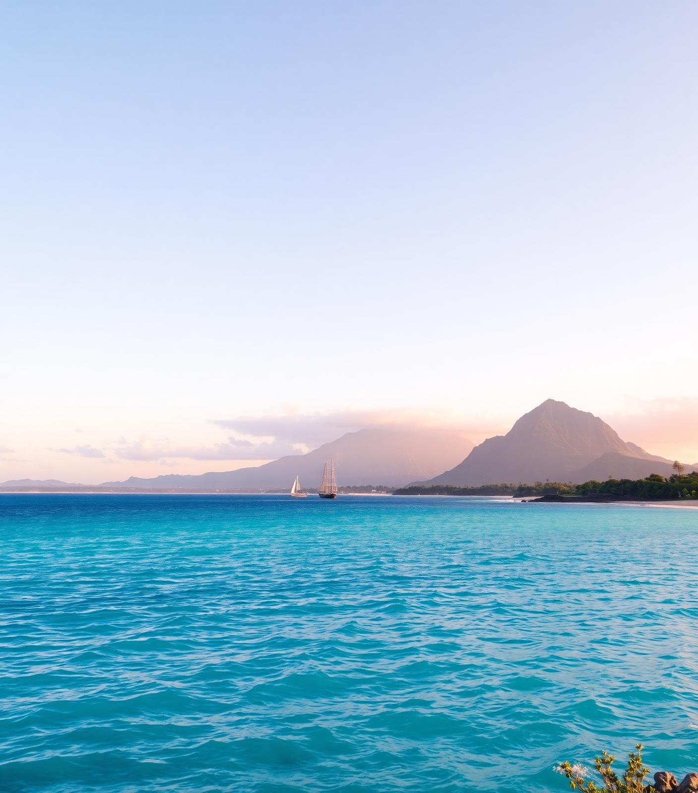 A calm coastal viewpoint in Mauritius at golden hour