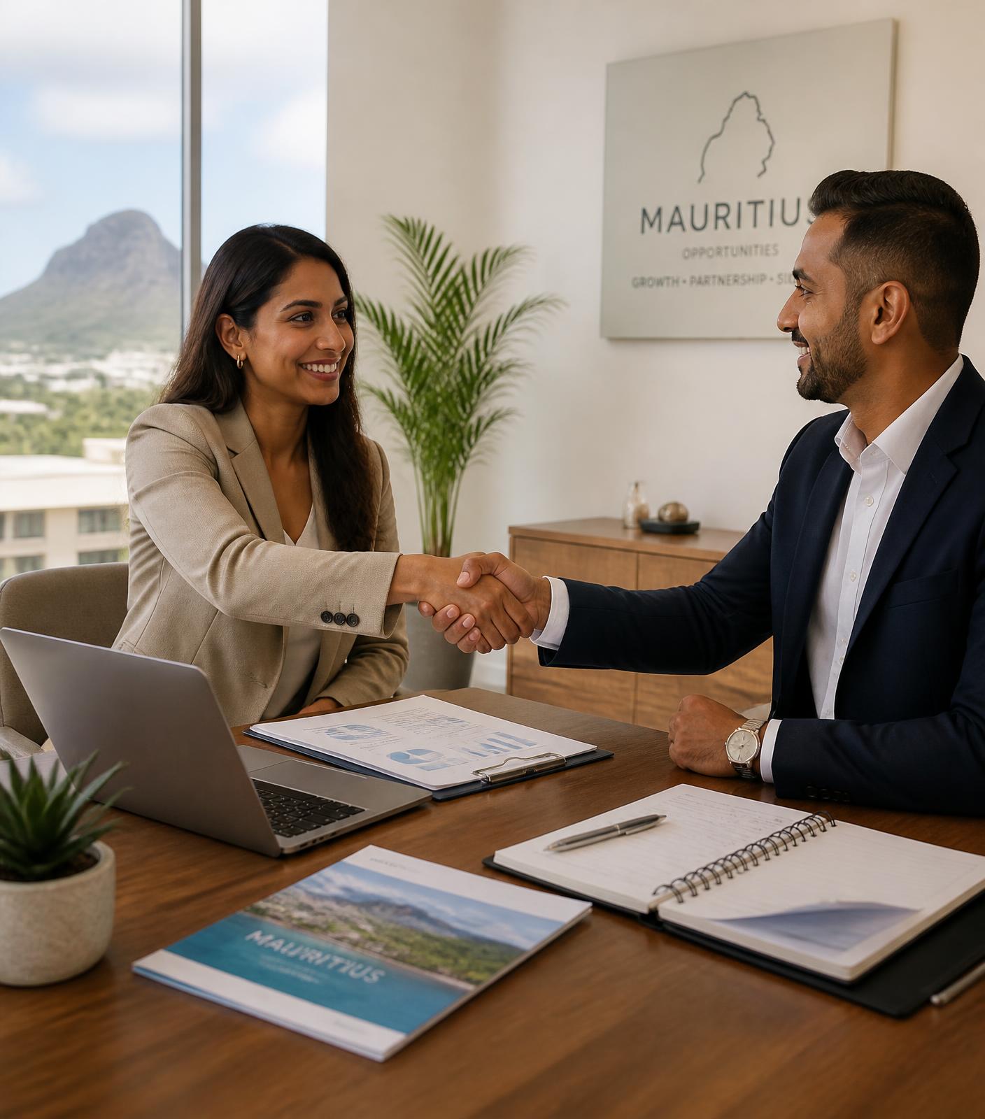 Two professionals coordinating paperwork in a bright office in Mauritius