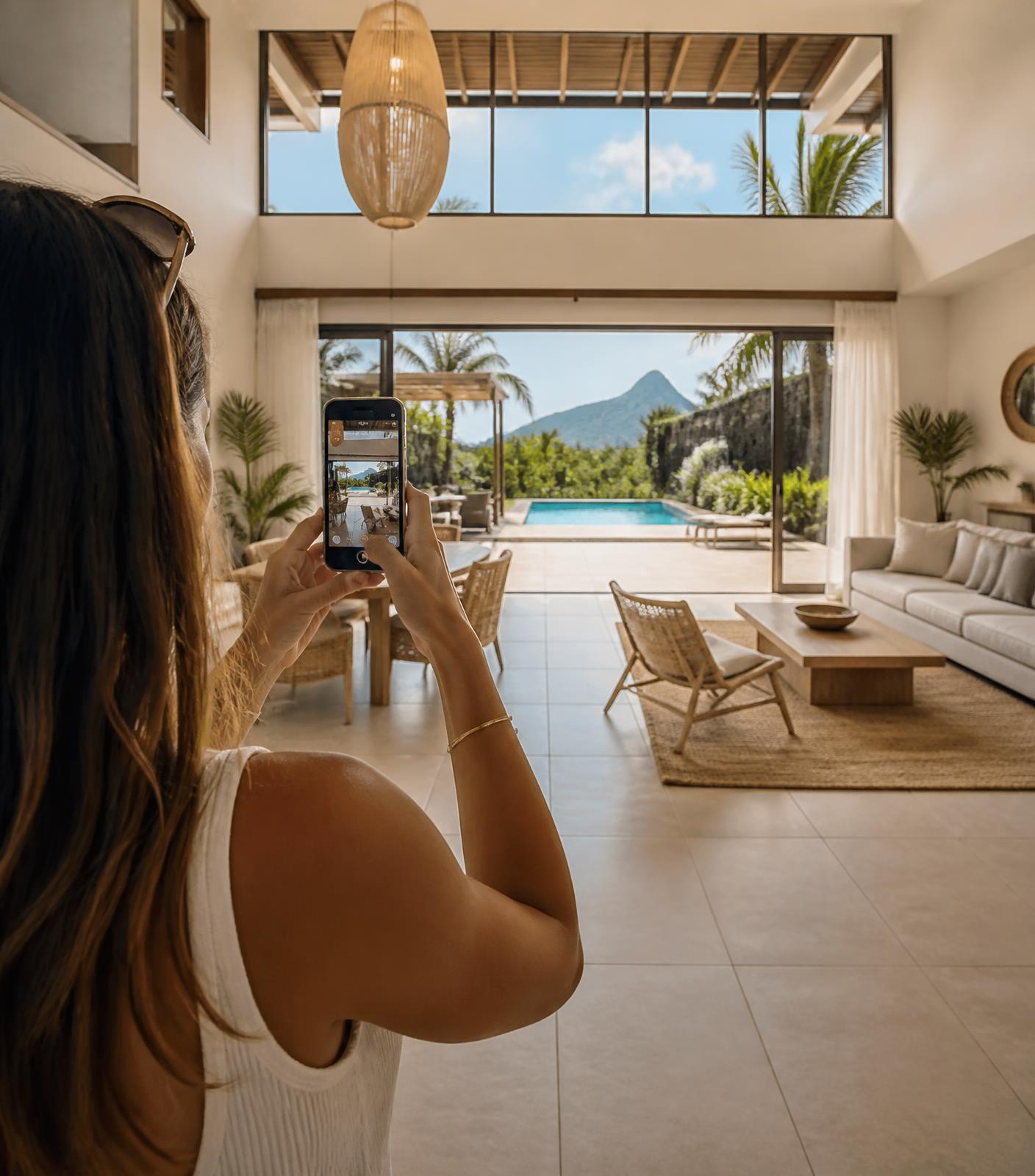 Filming a property visit inside a bright modern villa in Mauritius