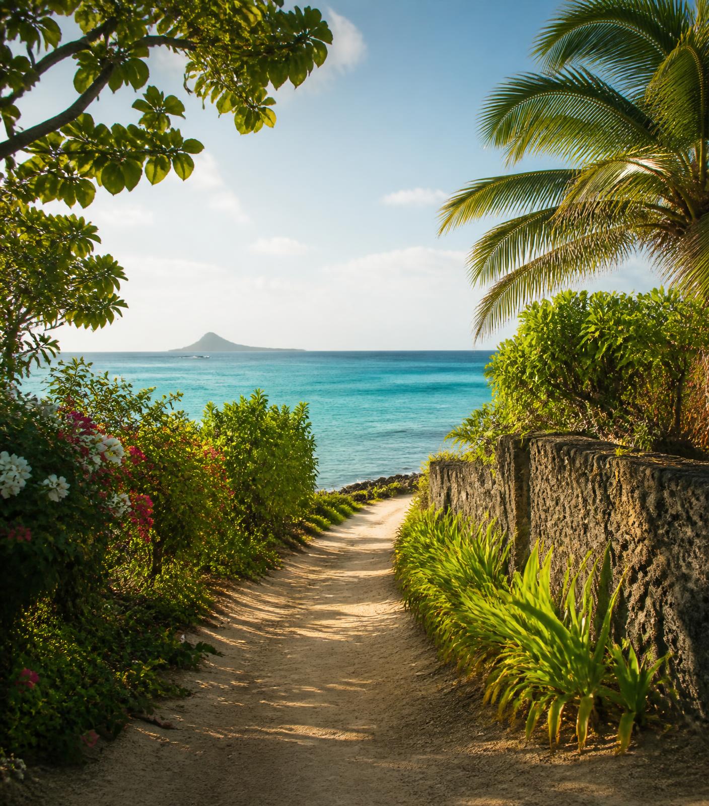 Quiet coastal path in Mauritius lined with tropical greenery leading to the ocean