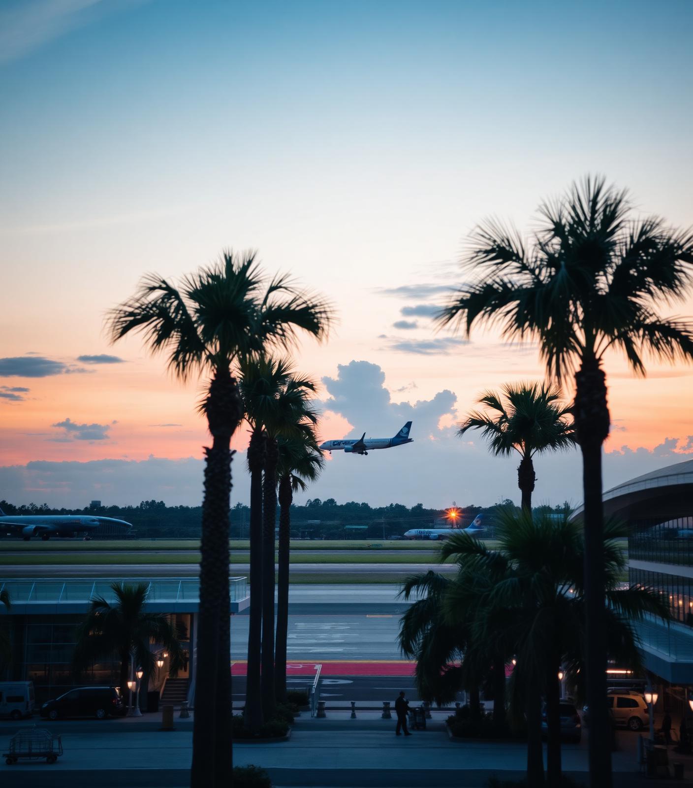 Mauritius international airport at dusk with a plane taking off beyond the palm trees