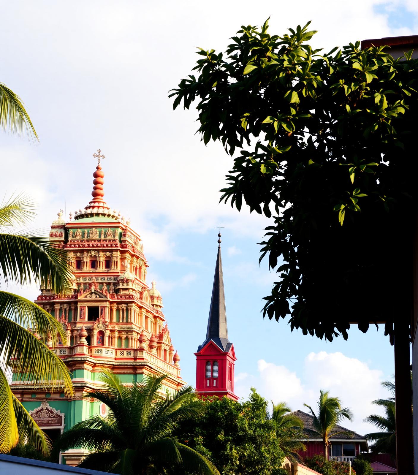 A Hindu temple and a church side by side in a Mauritian town, reflecting cultural diversity