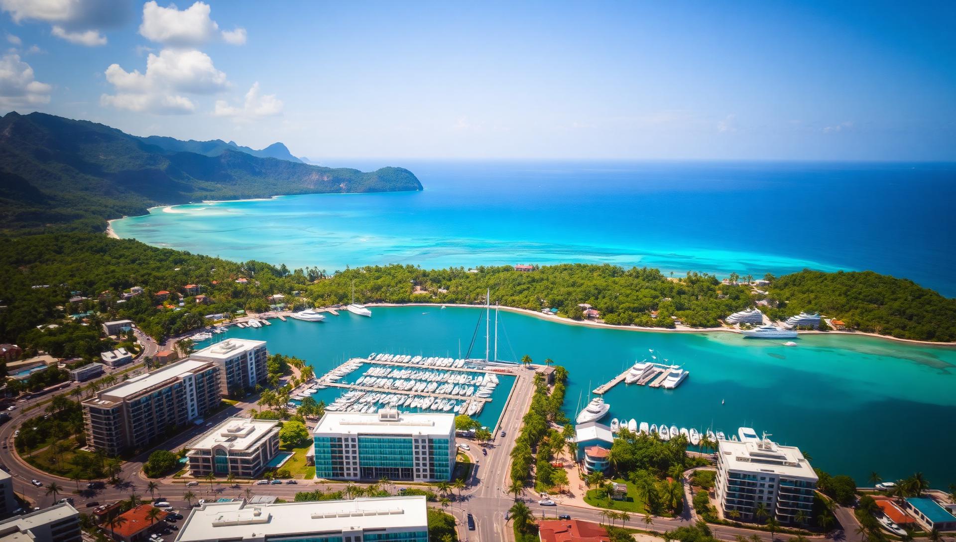 Aerial view of a modern coastal town in Mauritius with a marina, roads and the turquoise lagoon