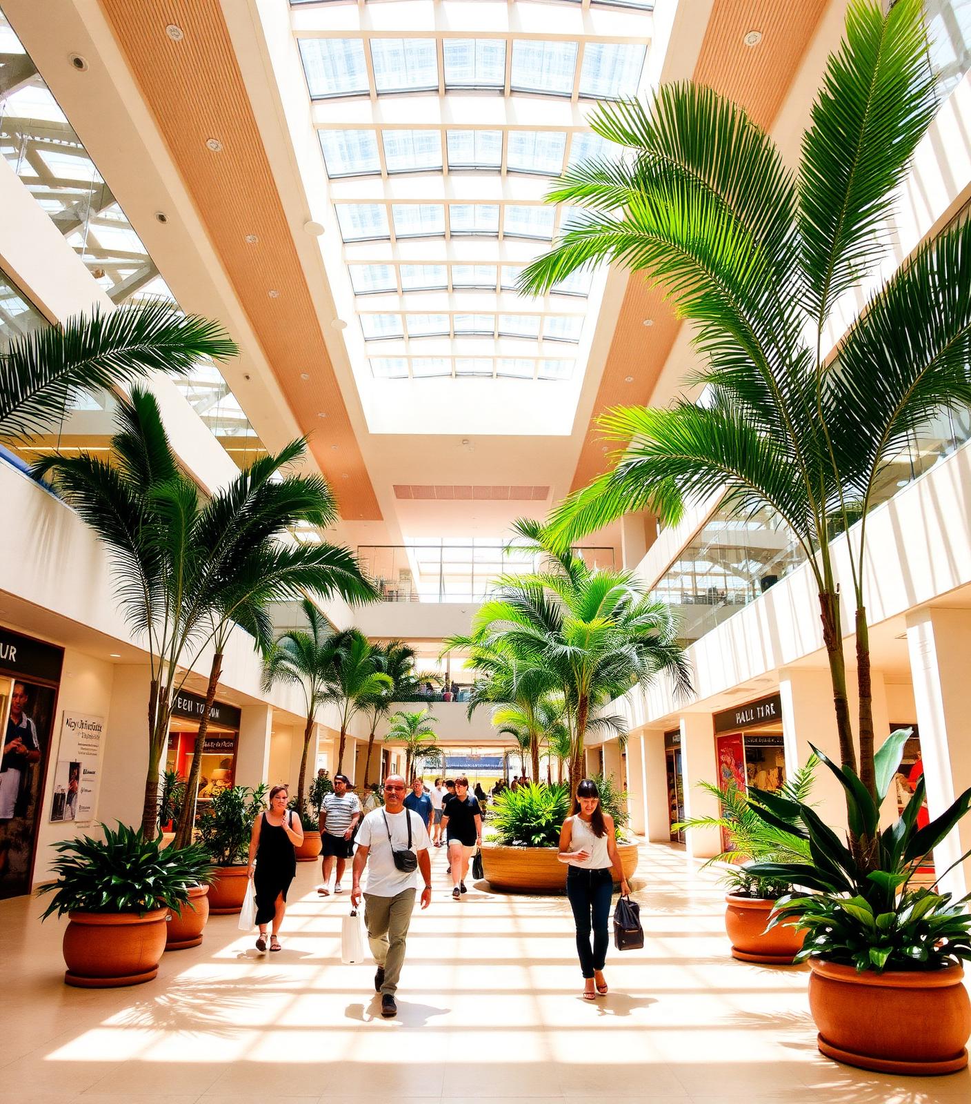 Bright modern shopping mall in Mauritius with tropical plants and people shopping