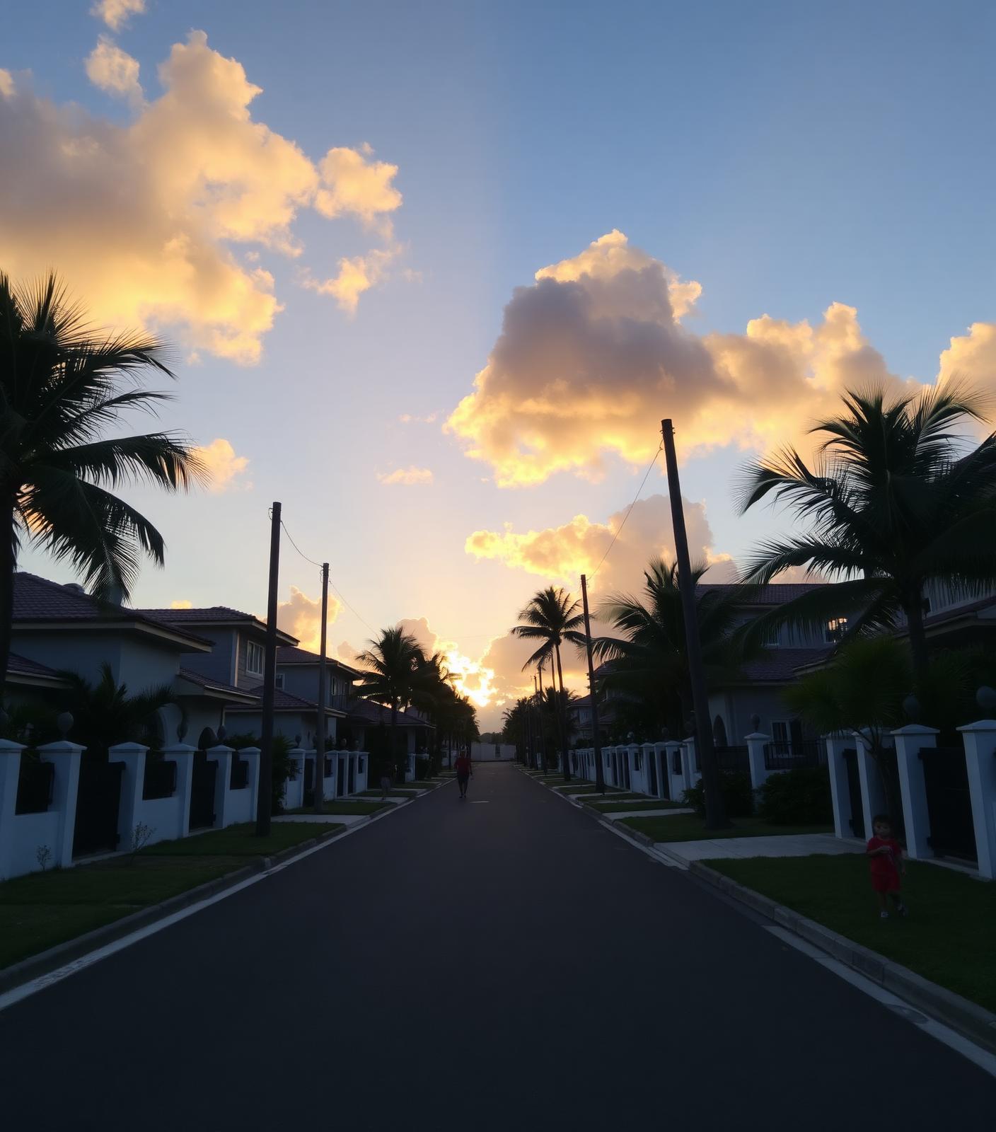 Quiet residential neighbourhood street in Mauritius at sunset with children playing outside