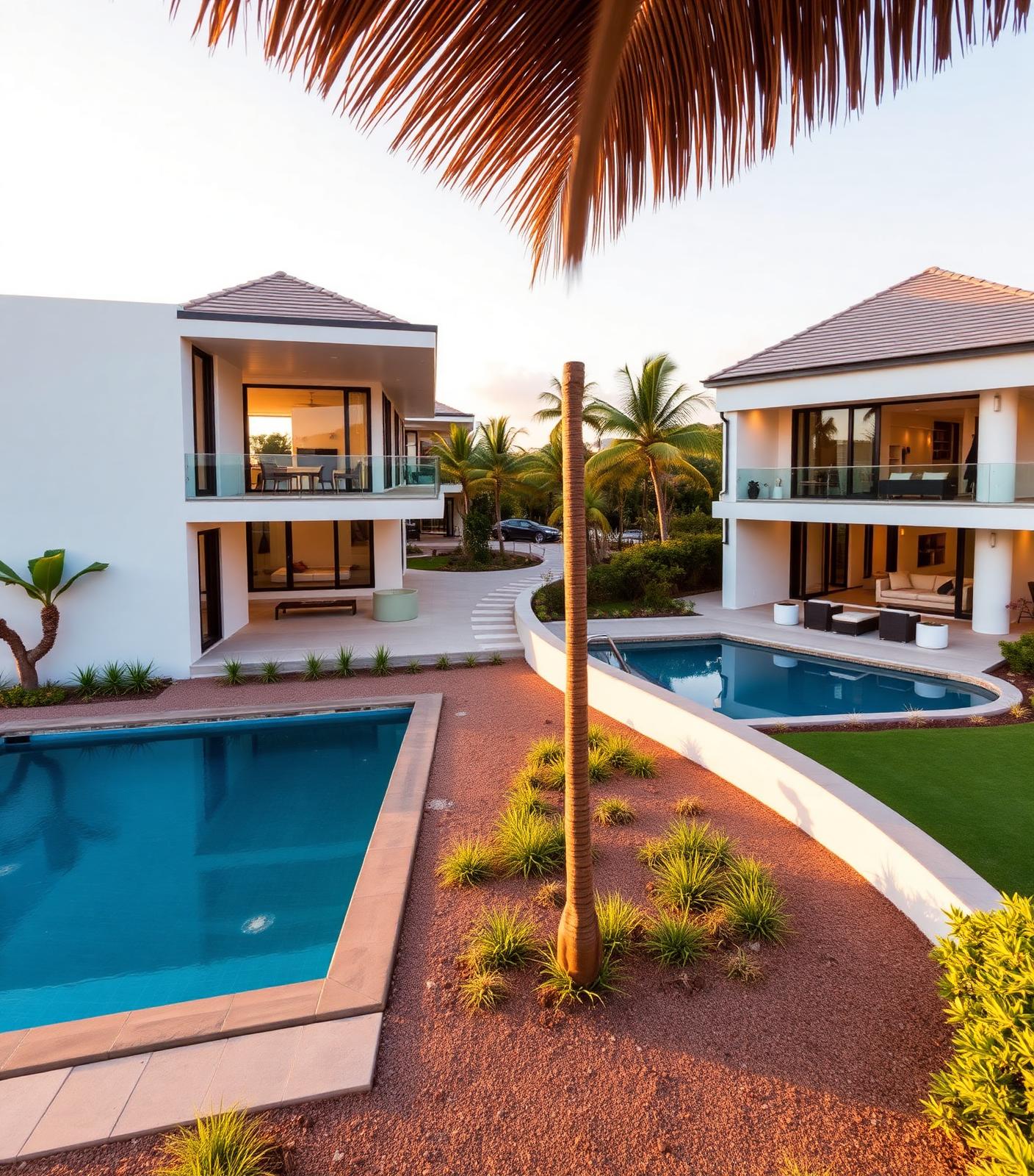 Modern residential villas with pools and gardens in Mauritius at golden hour