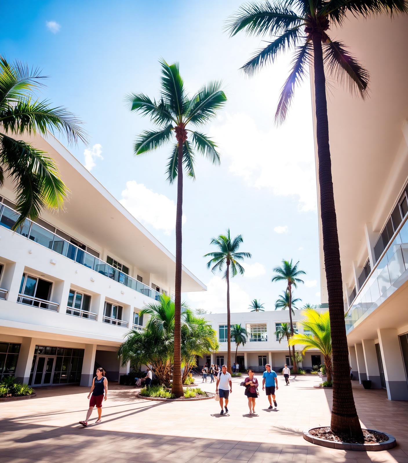 Modern international school campus in Mauritius with students in a sunny courtyard